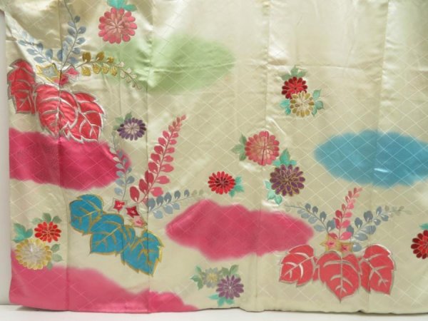 Photo5: 5703T13z1130 Vintage Japanese Kimono Silk FURISODE Paulownia Lime-White (5)