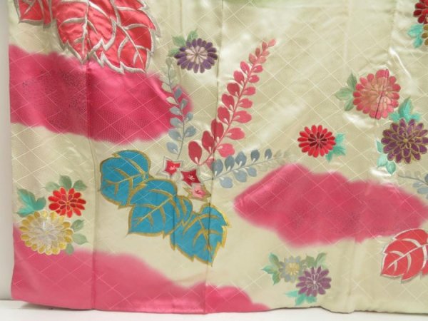 Photo6: 5703T13z1130 Vintage Japanese Kimono Silk FURISODE Paulownia Lime-White (6)