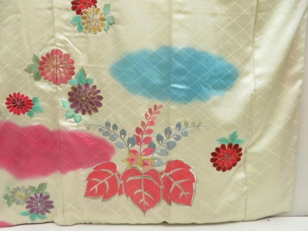 Photo7: 5703T13z1130 Vintage Japanese Kimono Silk FURISODE Paulownia Lime-White (7)