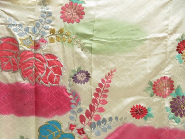 Photo8: 5703T13z1130 Vintage Japanese Kimono Silk FURISODE Paulownia Lime-White (8)