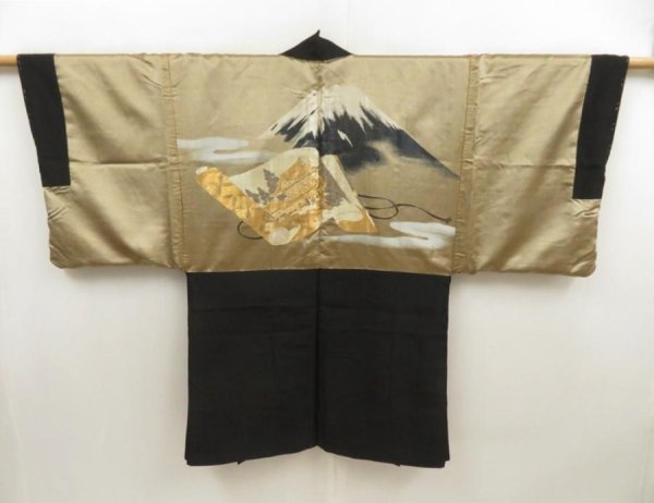 Photo1: 5705T02z620 Vintage Japanese Kimono Silk Men's HAORI Mt.Fuji Black (1)