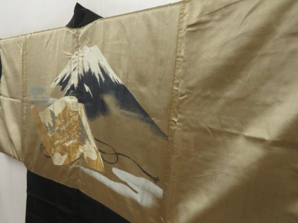 Photo2: 5705T02z620 Vintage Japanese Kimono Silk Men's HAORI Mt.Fuji Black (2)