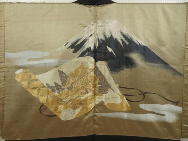 Photo3: 5705T02z620 Vintage Japanese Kimono Silk Men's HAORI Mt.Fuji Black (3)