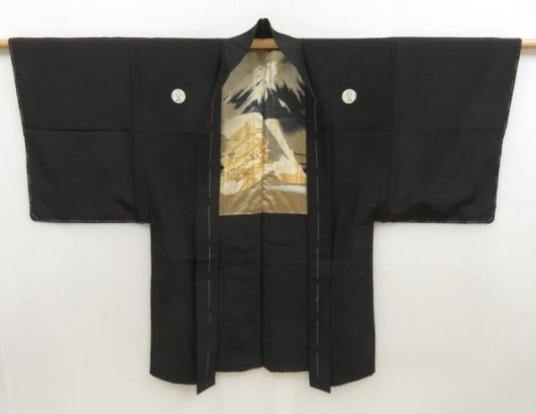 Photo8: 5705T02z620 Vintage Japanese Kimono Silk Men's HAORI Mt.Fuji Black (8)