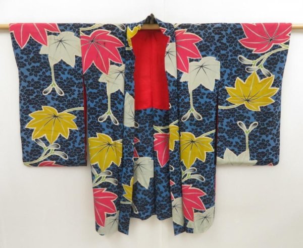 Photo1: 5705T03z510 Antique Japanese Kimono Silk HAORI Fatsia Dark navy (1)