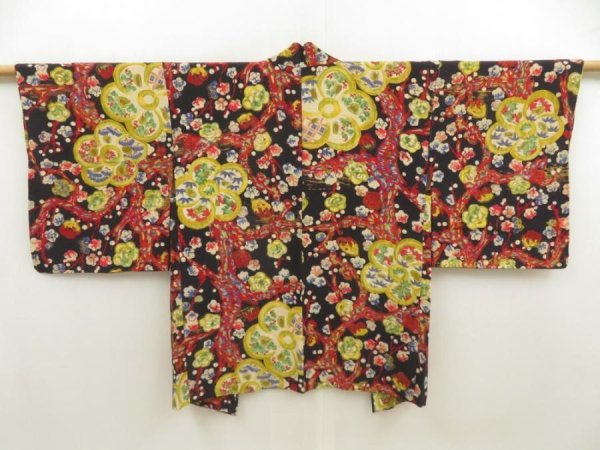 Photo1: 5705T04z490 Vintage Japanese Kimono Silk HAORI Plum blossom Black (1)
