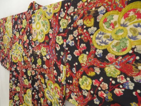 Photo2: 5705T04z490 Vintage Japanese Kimono Silk HAORI Plum blossom Black (2)