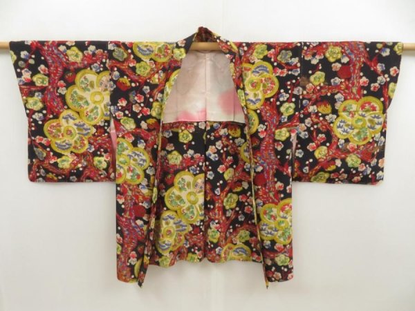 Photo5: 5705T04z490 Vintage Japanese Kimono Silk HAORI Plum blossom Black (5)