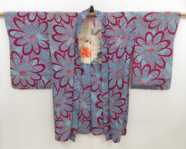 Photo1: 5705T07z430 Antique Japanese Kimono Silk LONG HAORI Flower Dull sea blue (1)