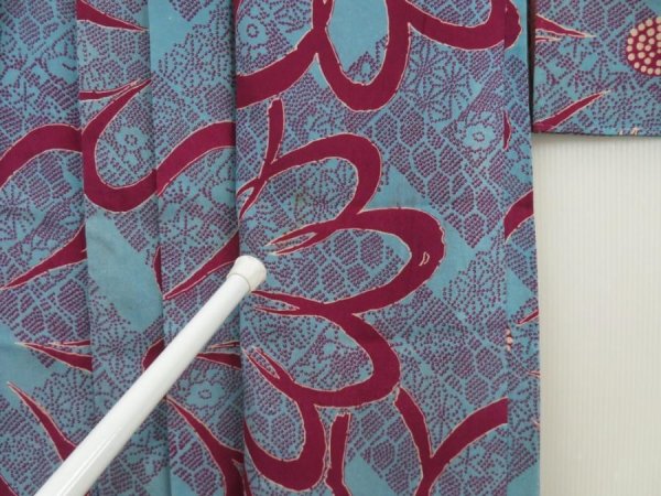 Photo2: 5705T07z430 Antique Japanese Kimono Silk LONG HAORI Flower Dull sea blue (2)