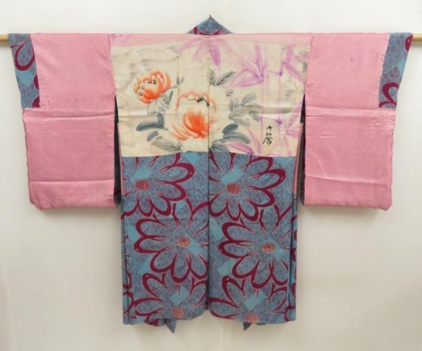 Photo3: 5705T07z430 Antique Japanese Kimono Silk LONG HAORI Flower Dull sea blue (3)
