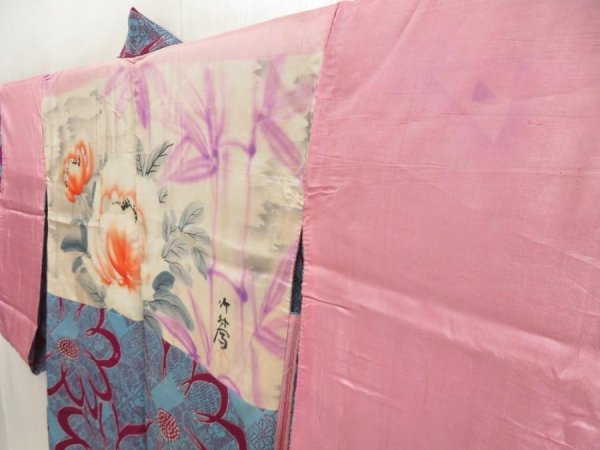 Photo4: 5705T07z430 Antique Japanese Kimono Silk LONG HAORI Flower Dull sea blue (4)