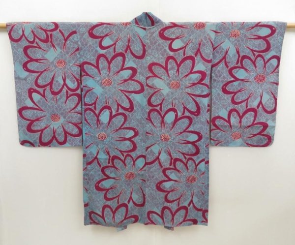 Photo5: 5705T07z430 Antique Japanese Kimono Silk LONG HAORI Flower Dull sea blue (5)
