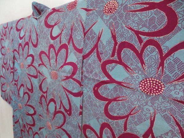 Photo6: 5705T07z430 Antique Japanese Kimono Silk LONG HAORI Flower Dull sea blue (6)