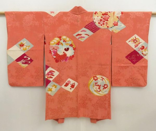 Photo1: 5705T08z540 Antique Japanese Kimono Silk LONG HAORI Coral pink (1)