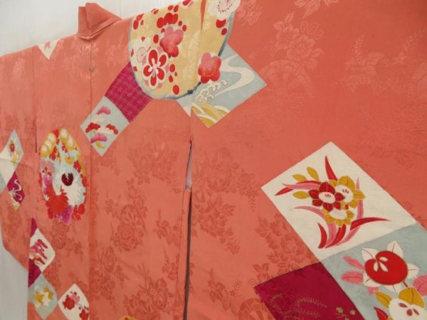 Photo2: 5705T08z540 Antique Japanese Kimono Silk LONG HAORI Coral pink (2)