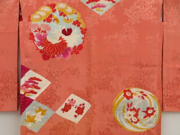 Photo3: 5705T08z540 Antique Japanese Kimono Silk LONG HAORI Coral pink (3)