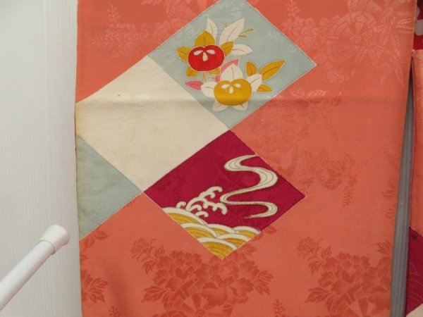 Photo6: 5705T08z540 Antique Japanese Kimono Silk LONG HAORI Coral pink (6)