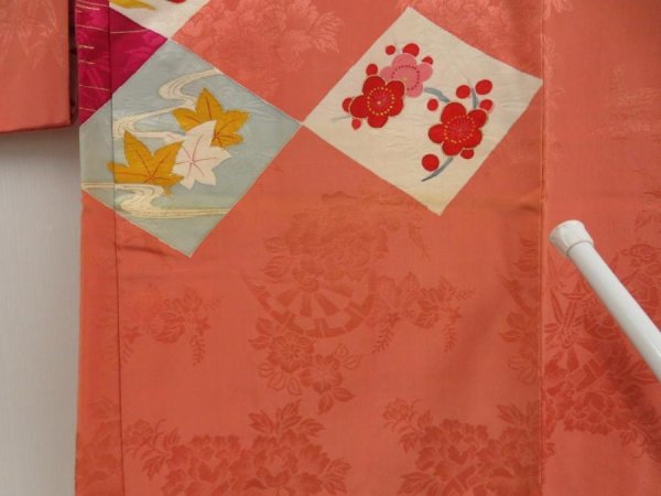 Photo8: 5705T08z540 Antique Japanese Kimono Silk LONG HAORI Coral pink (8)