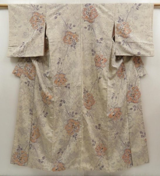 Photo1: 5705T10z940 Vintage Japanese Kimono Silk KOMON Flower Off-white (1)