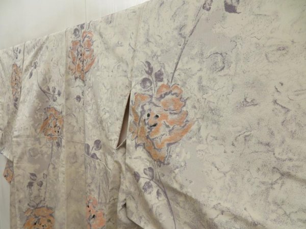 Photo2: 5705T10z940 Vintage Japanese Kimono Silk KOMON Flower Off-white (2)