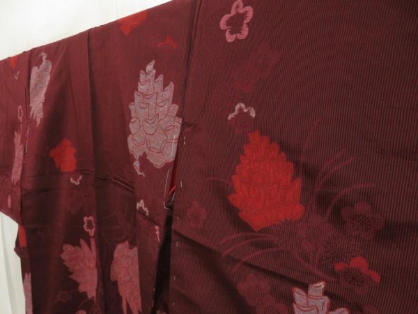 Photo2: 5705T12z860 Vintage Japanese Kimono Silk OMESHI KOMON Flowers Dark grape (2)