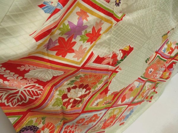 Photo3: 5705T13z1150 Vintage Japanese Kimono Silk FURISODE Peony Soft green (3)