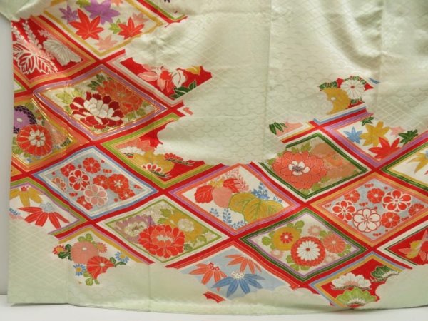 Photo5: 5705T13z1150 Vintage Japanese Kimono Silk FURISODE Peony Soft green (5)