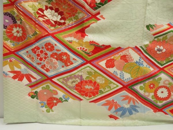 Photo6: 5705T13z1150 Vintage Japanese Kimono Silk FURISODE Peony Soft green (6)