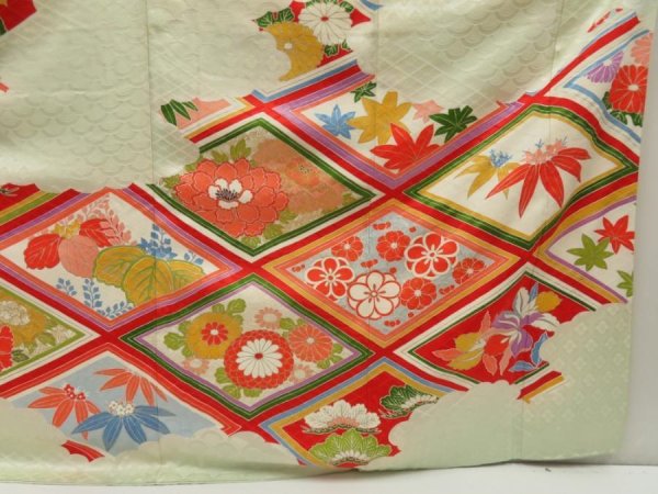 Photo7: 5705T13z1150 Vintage Japanese Kimono Silk FURISODE Peony Soft green (7)