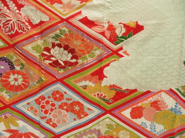 Photo8: 5705T13z1150 Vintage Japanese Kimono Silk FURISODE Peony Soft green (8)