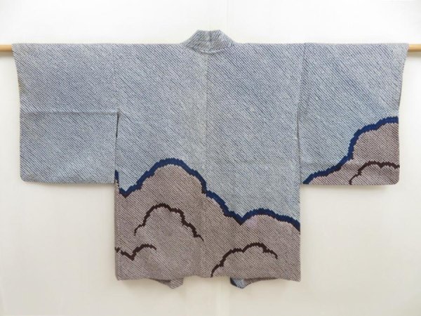 Photo1: 5708T01z460 Vintage Japanese Kimono Silk SHIBORI HAORI Cloud Dark blue (1)