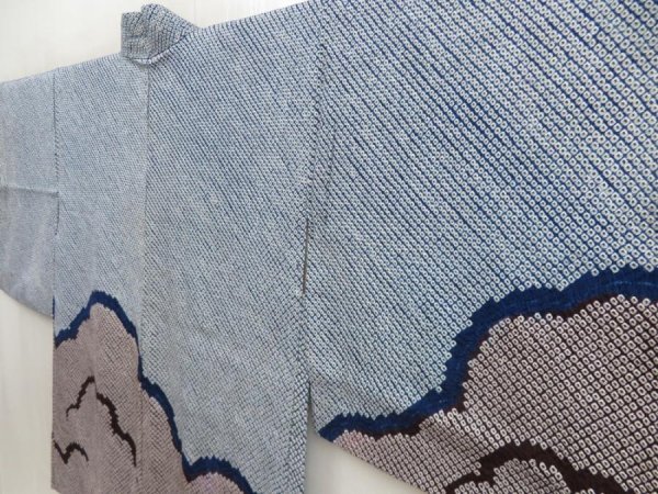 Photo2: 5708T01z460 Vintage Japanese Kimono Silk SHIBORI HAORI Cloud Dark blue (2)
