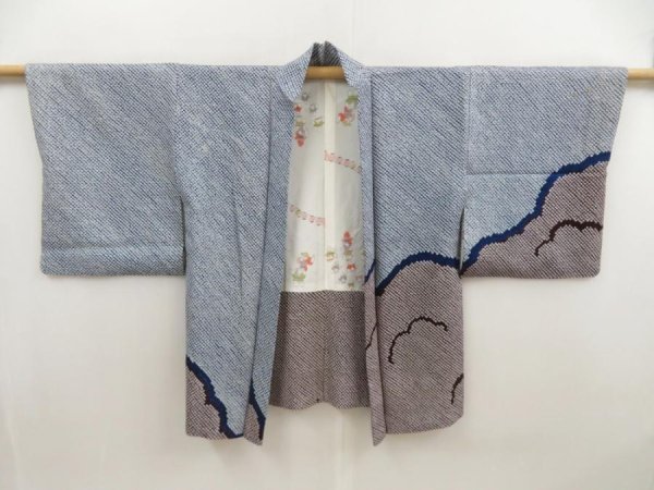 Photo7: 5708T01z460 Vintage Japanese Kimono Silk SHIBORI HAORI Cloud Dark blue (7)
