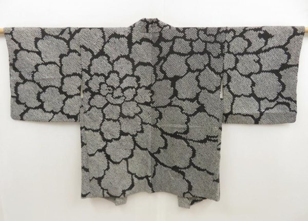 Photo1: 5708T02z480 Vintage Japanese Kimono Silk SHIBORI HAORI Big peony Black (1)