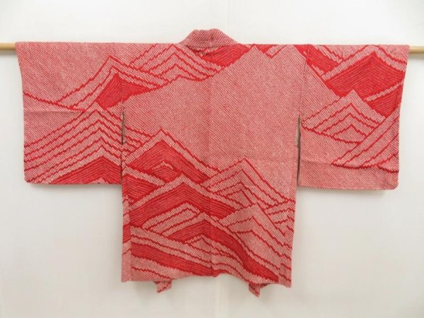 Photo1: 5708T03z480 Vintage Japanese Kimono Silk SHIBORI HAORI Wave Dark red (1)