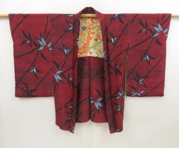 Photo1: 5708T08z700 Antique Japanese Kimono Silk HAORI Leaf Dark red (1)