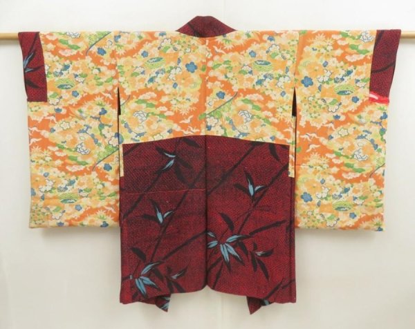 Photo2: 5708T08z700 Antique Japanese Kimono Silk HAORI Leaf Dark red (2)