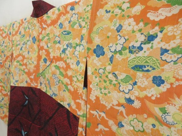 Photo3: 5708T08z700 Antique Japanese Kimono Silk HAORI Leaf Dark red (3)