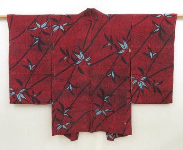 Photo4: 5708T08z700 Antique Japanese Kimono Silk HAORI Leaf Dark red (4)