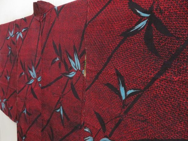 Photo5: 5708T08z700 Antique Japanese Kimono Silk HAORI Leaf Dark red (5)