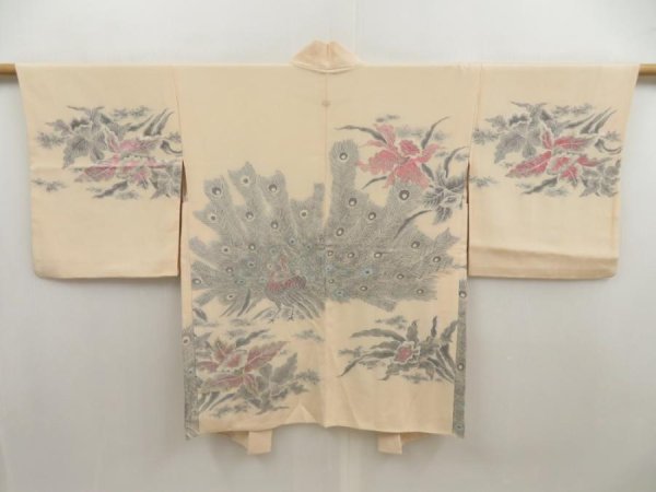 Photo1: 5708T09z580 Vintage Japanese Kimono Silk HAORI Peacock Light peach (1)