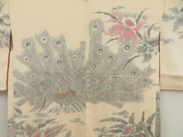 Photo3: 5708T09z580 Vintage Japanese Kimono Silk HAORI Peacock Light peach (3)