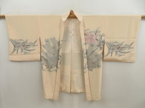 Photo7: 5708T09z580 Vintage Japanese Kimono Silk HAORI Peacock Light peach (7)