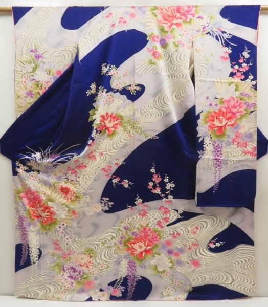 Photo1: 5708T10z1100  Japanese Kimono Silk FURISODE Peony Dark lavender blue (1)