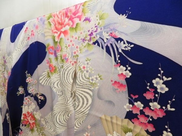 Photo2: 5708T10z1100  Japanese Kimono Silk FURISODE Peony Dark lavender blue (2)
