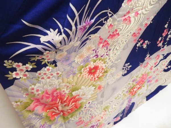 Photo3: 5708T10z1100  Japanese Kimono Silk FURISODE Peony Dark lavender blue (3)