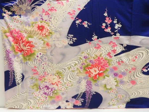 Photo5: 5708T10z1100  Japanese Kimono Silk FURISODE Peony Dark lavender blue (5)