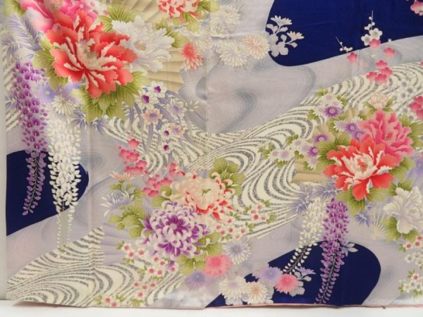 Photo6: 5708T10z1100  Japanese Kimono Silk FURISODE Peony Dark lavender blue (6)