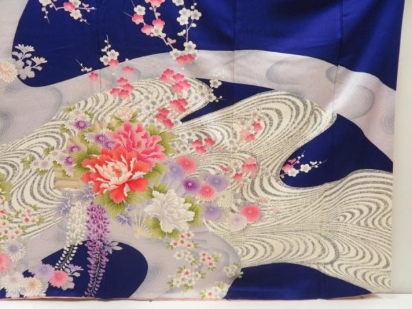 Photo7: 5708T10z1100  Japanese Kimono Silk FURISODE Peony Dark lavender blue (7)